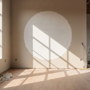Circular drywall patch on an interior wall before finishing, with a drop cloth and pole sander